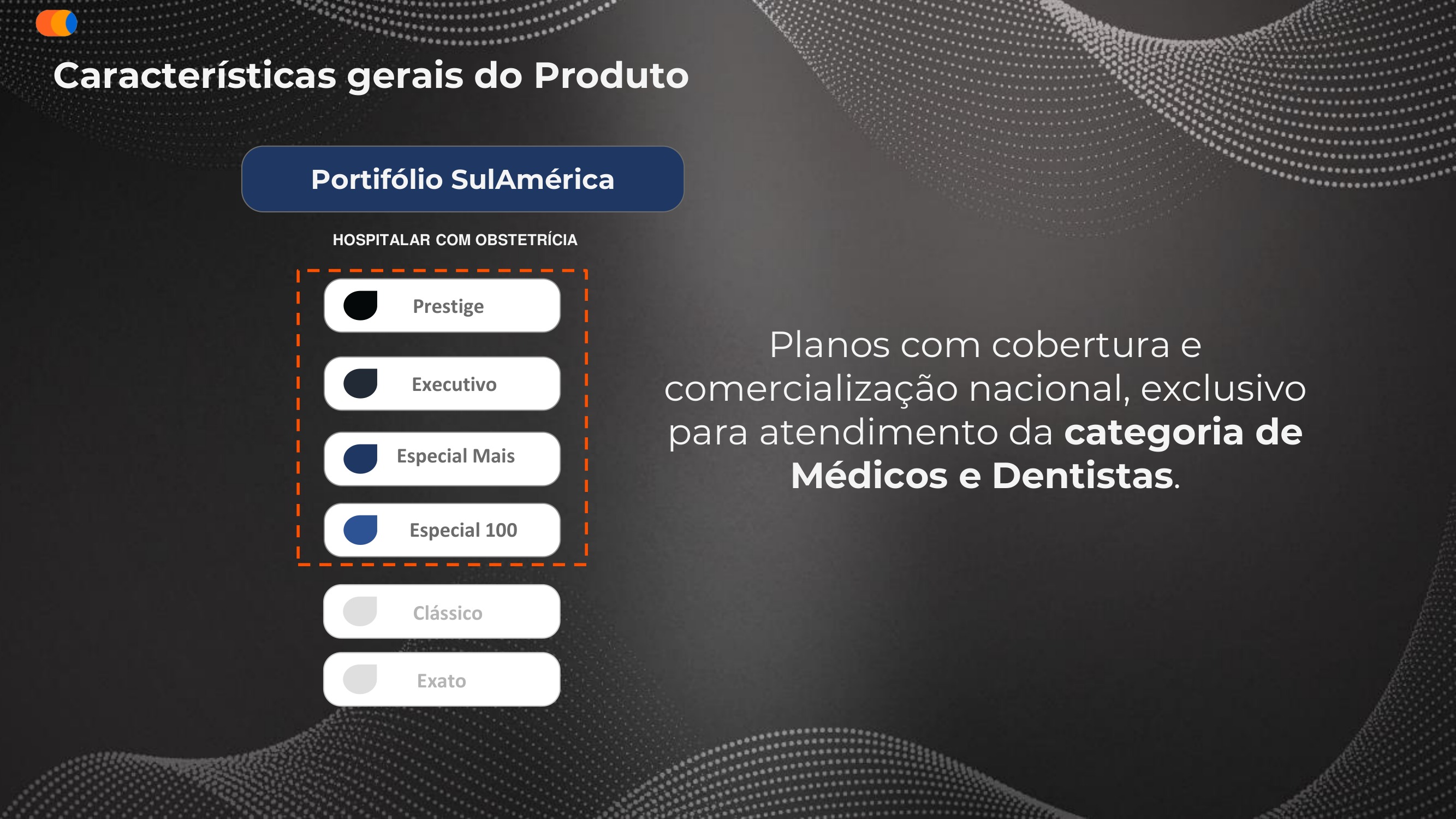 Portfólio de planos SulAmérica Profissões: Prestige, Executivo, Especial 100, Especial Mais, Clássico e Exato, com cobertura nacional hospitalar com obstetrícia.