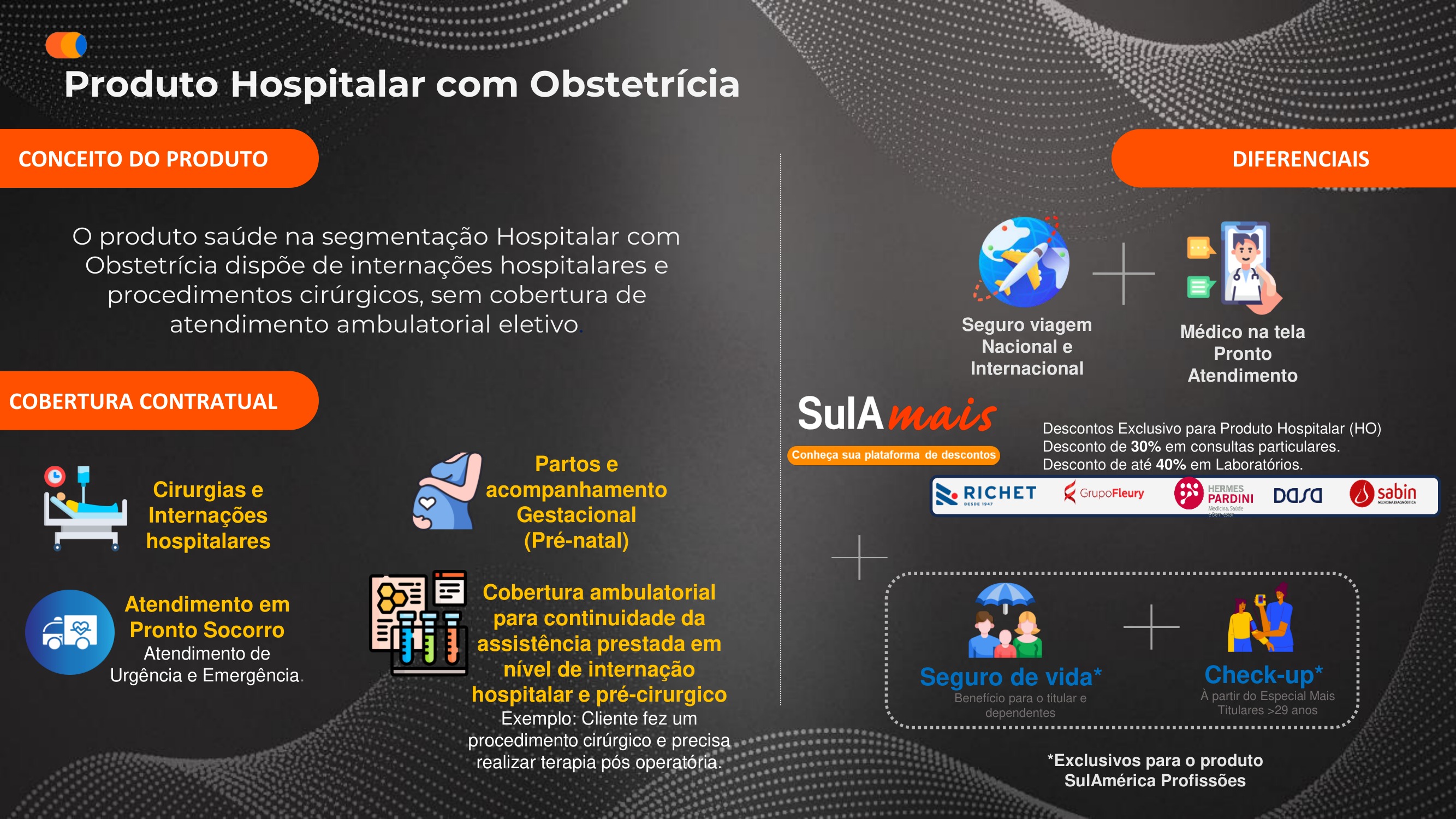 Conceito do produto hospitalar com obstetrícia: cirurgias, internações, urgência e emergência, partos, acompanhamento gestacional e continuidade ambulatorial pós-internação. Diferenciais: médico na tela, seguro viagem, check-up, descontos em consultas e laboratórios.